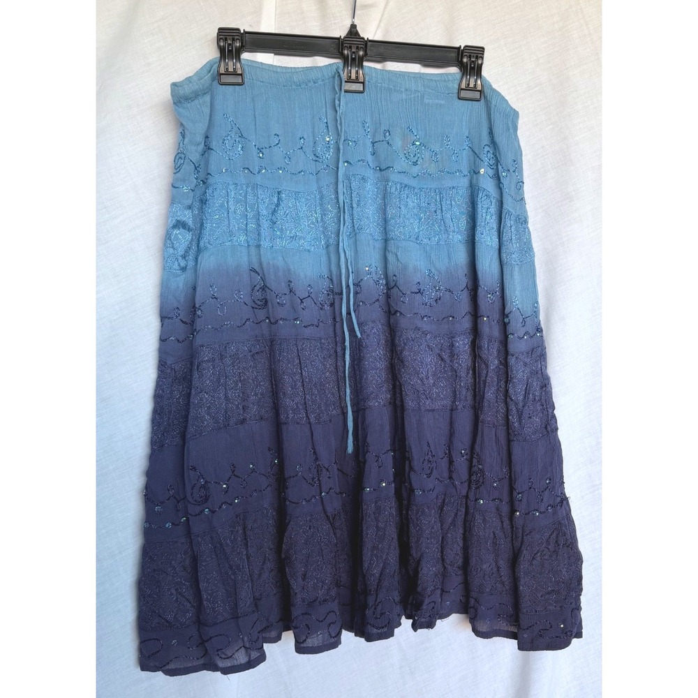 Indian Tropical Boho Festival Coastal Tiered Midi Skirt Blue Ombre Sequin OS NWT